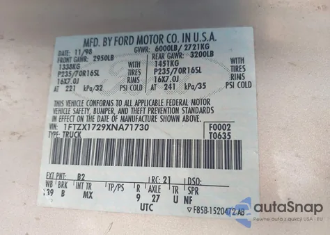 1999 Ford F-150 Work Series/Xl/Xlt from USA, damaged, VIN 1FTZX1729XNA71730